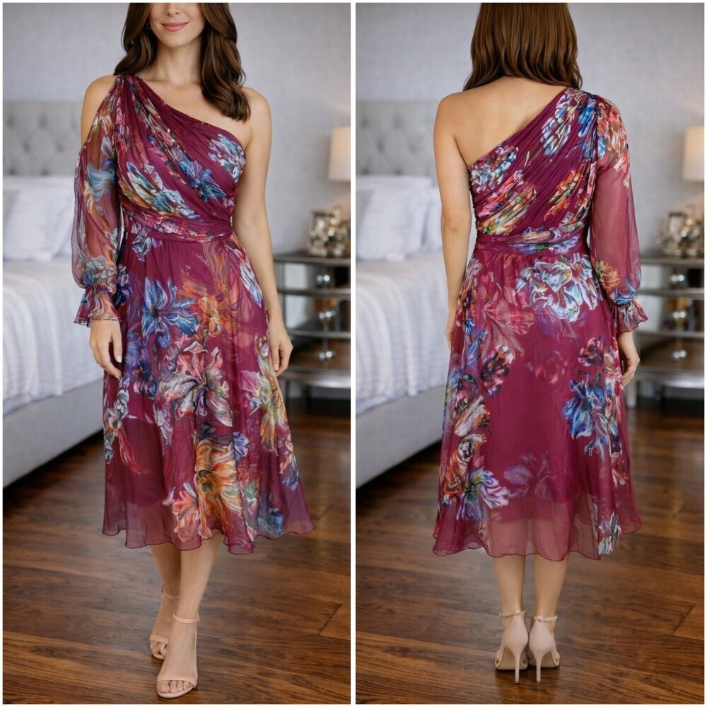 Marchesa Notte Red One-Shoulder Floral Dress $595 - Picture 1 of 12